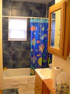 bathroom with large blue tiles, tub, medicine cabinet